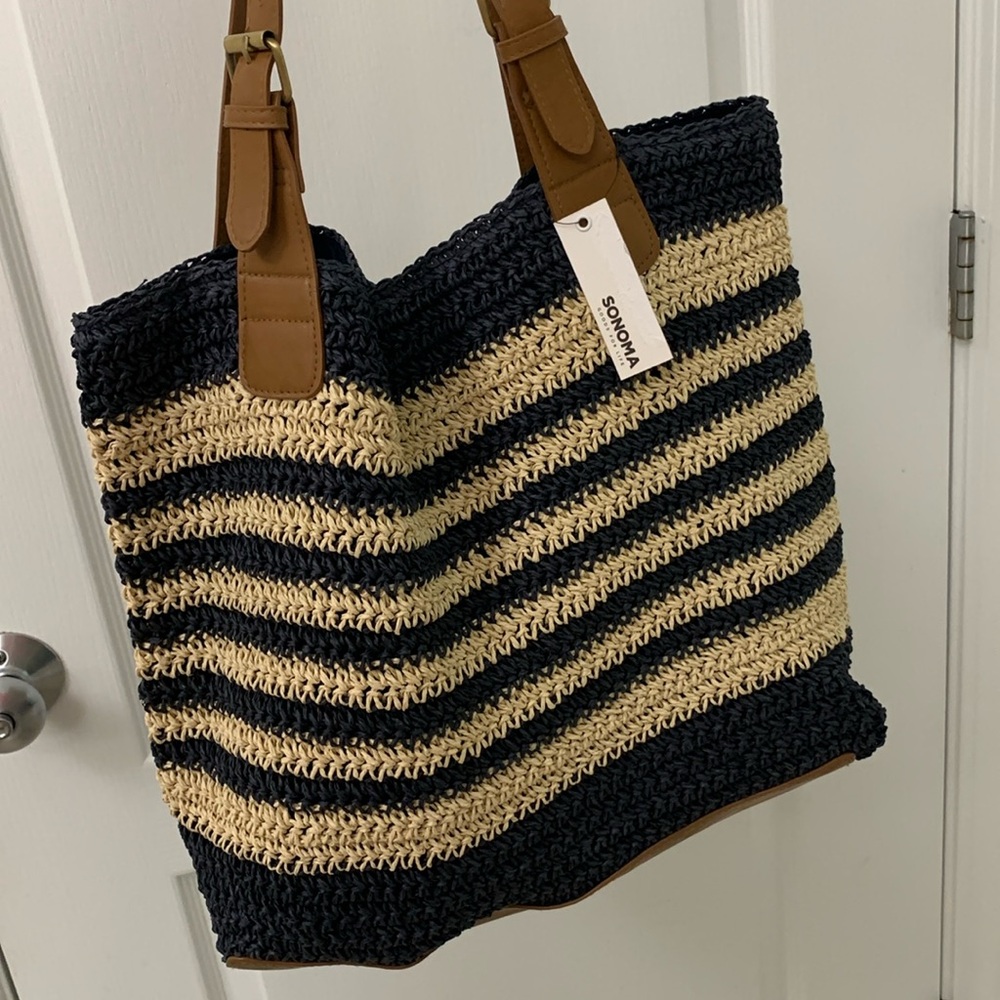 Navy Blue and Cream Striped Woven Straw Tote Bag - Picture 12 of 17
